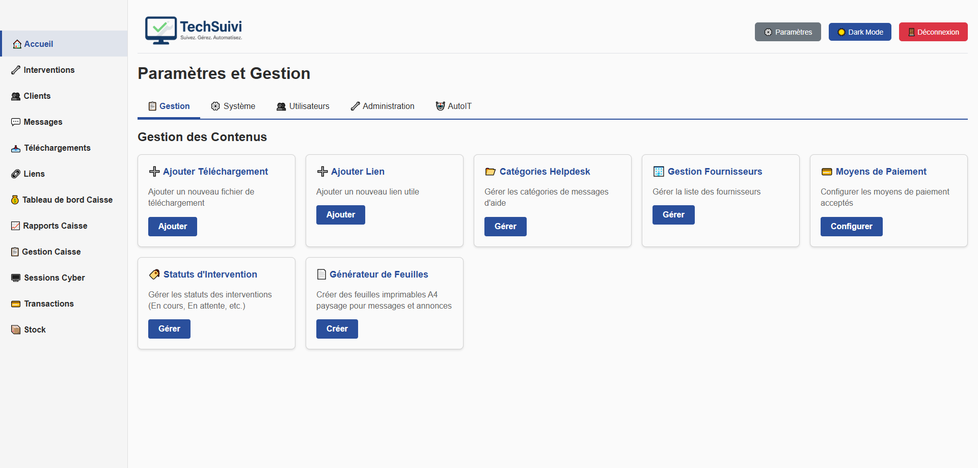 Parametres et gestion site